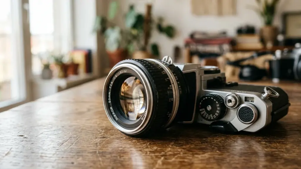 Un appareil photo argentique vintage avec un objectif Nikkor posé sur une table en bois.