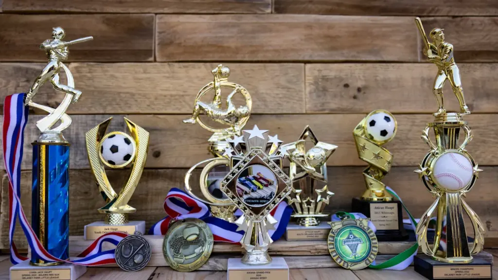Collection de trophées et médailles sportives posés sur un fond en bois rustique.
