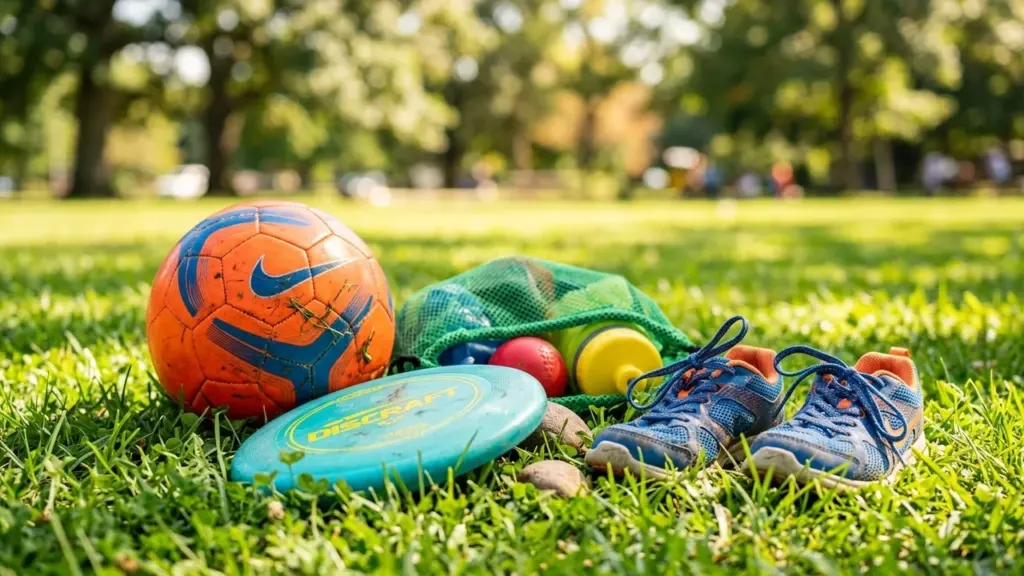 Un ballon orange, un frisbee bleu et des chaussures de sport posés sur l'herbe.