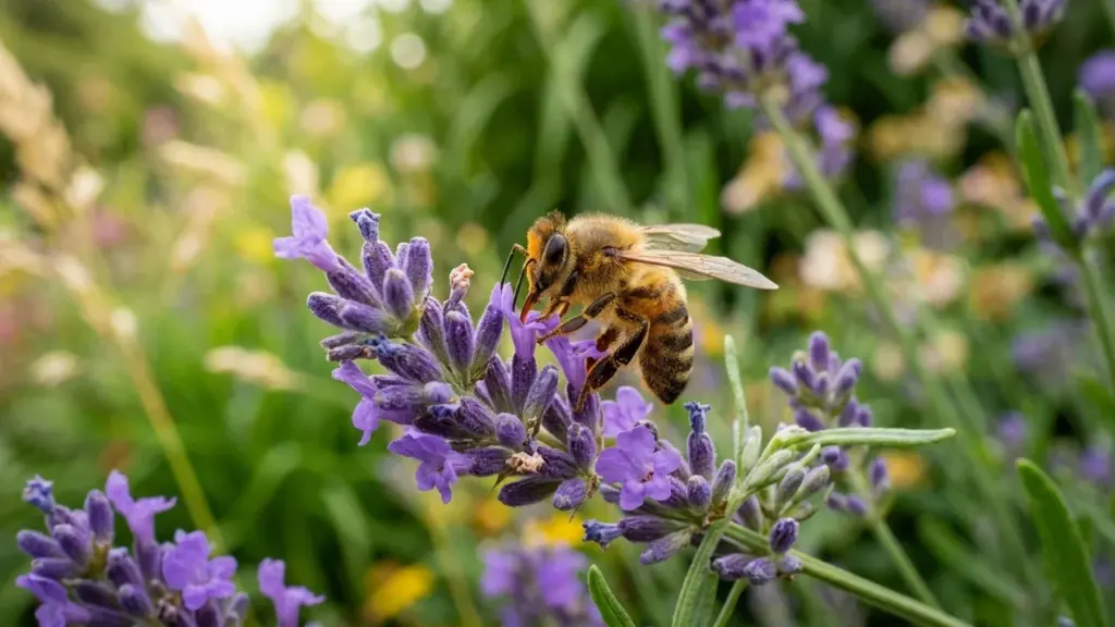Une abeille butine sur une fleur de lavande violette dans un jardin ensoleillé.