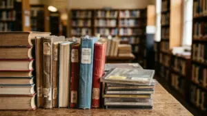 Une pile de vieux livres et un empilement de CD sur une table de bibliothèque.