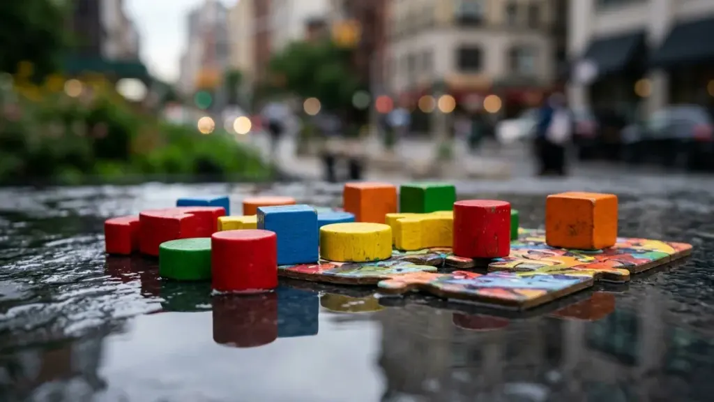 Des blocs de bois colorés et un puzzle posés sur une surface humide urbaine.