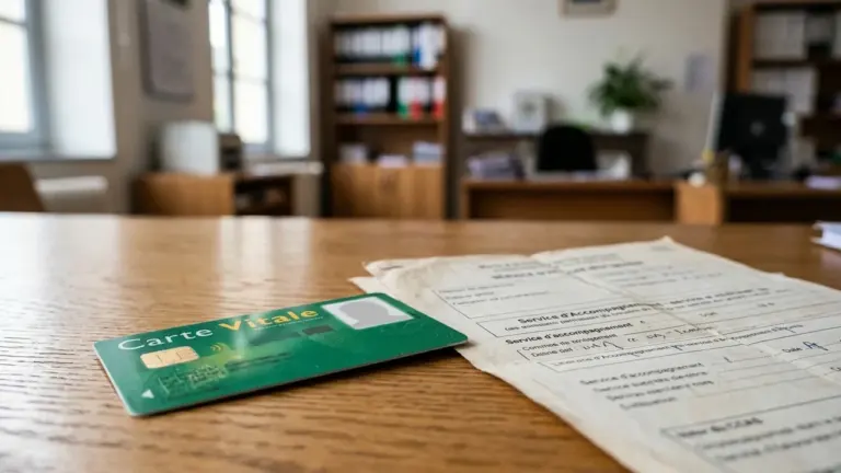 Une carte Vitale française posée sur une table en bois à côté de documents administratifs.