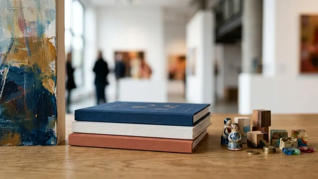 Une pile de trois livres sur une table devant une galerie d'art floue.