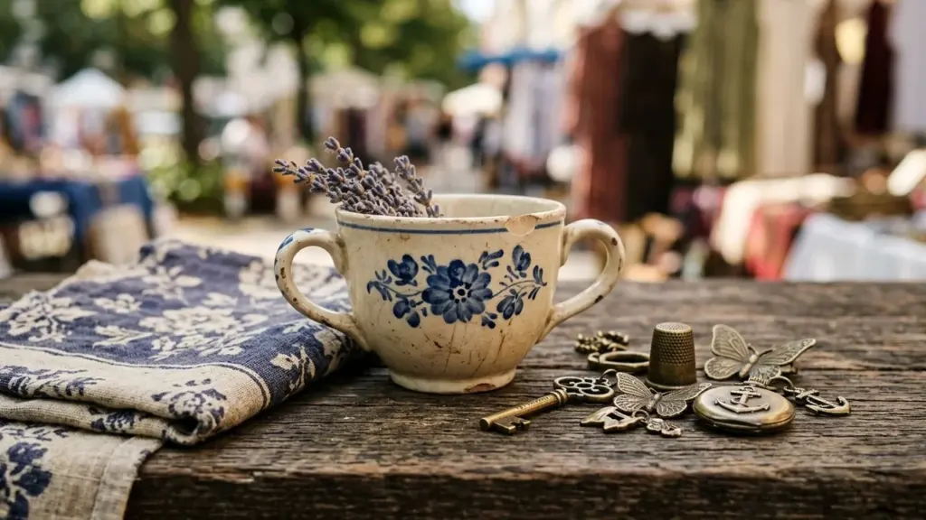 Une tasse ancienne fleurie remplie de lavande sur une table en bois avec accessoires vintage.