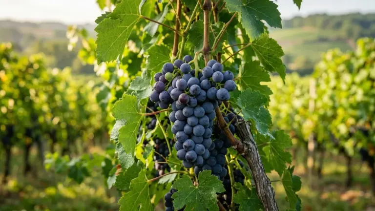Une grappe de raisins noirs mûrs suspendue à une vigne dans un vignoble ensoleillé.