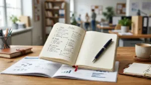 Un carnet ouvert posé sur des documents professionnels avec un stylo et une tasse.