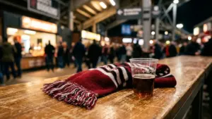 Une écharpe rayée rouge et blanche et un gobelet de bière sur une table.