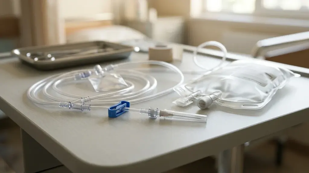 Matériel médical avec tubulure, poche à perfusion et plateau chirurgical sur une table d'hôpital.