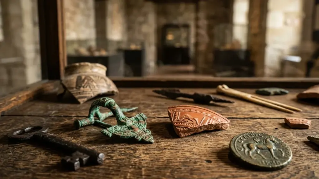 Objets archéologiques en métal et terre cuite exposés sur une table en bois ancien.