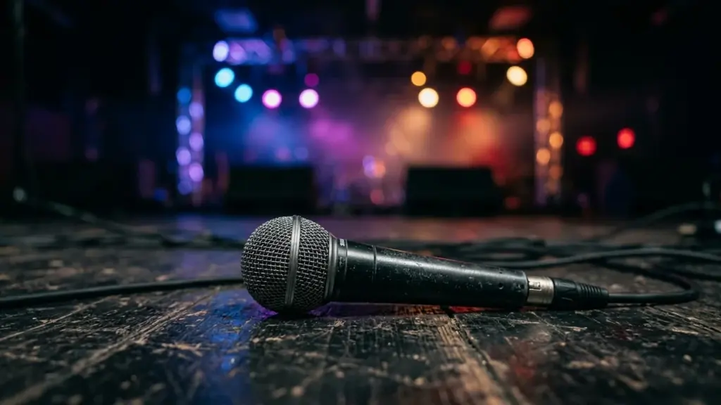 Un microphone noir posé sur la scène en bois d'une salle de concert éclairée.