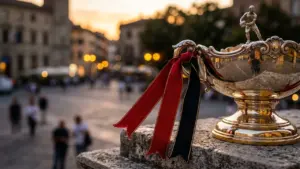 Une coupe en argent avec des rubans rouge et noir posée sur une pierre.