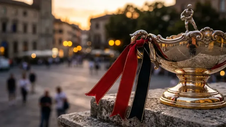 Une coupe en argent avec des rubans rouge et noir posée sur une pierre.