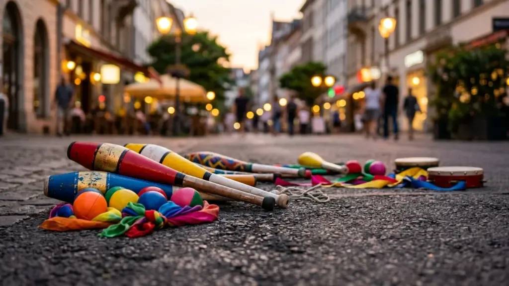 Des massues de jonglage colorées posées sur les pavés d'une rue piétonne animée.