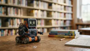 Un petit robot Cosmo avec des chenilles posé sur une table en bois.