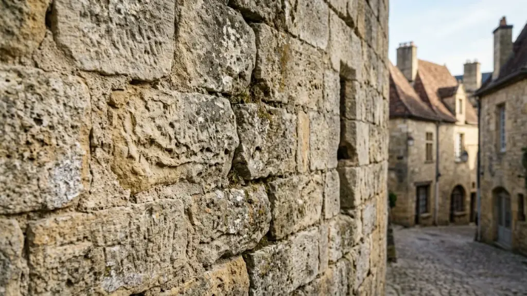Gros plan sur un mur en pierre ancienne dans une rue médiévale pittoresque en France.