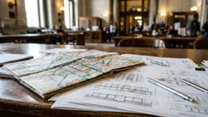 Une carte urbaine pliée et des plans architecturaux posés sur une grande table en bois.