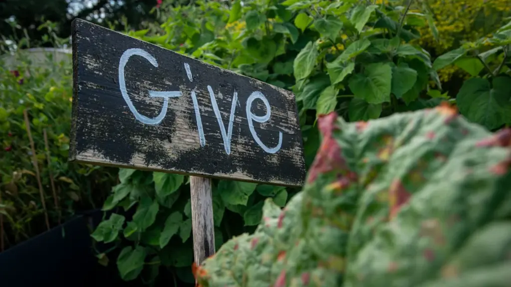 Panneau en bois avec le mot Give écrit en blanc dans un jardin.