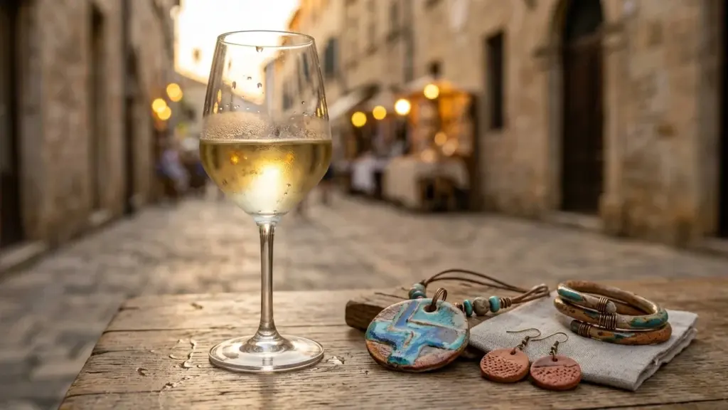 Un verre de vin blanc frais posé à côté de bijoux artisanaux sur une table.