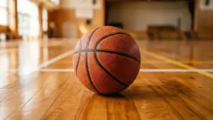 Un ballon de basket en cuir orange posé sur un parquet de gymnase brillant.