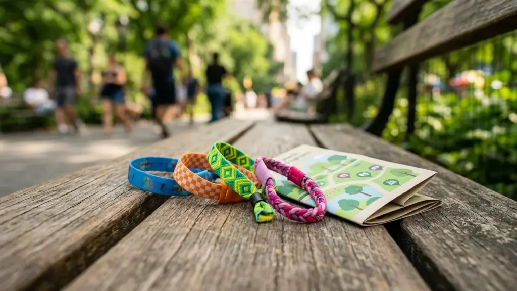Trois bracelets colorés et un plan touristique posés sur un banc de parc public.