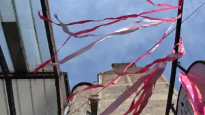 Rubans roses flottant au vent devant une façade de bâtiment urbain.